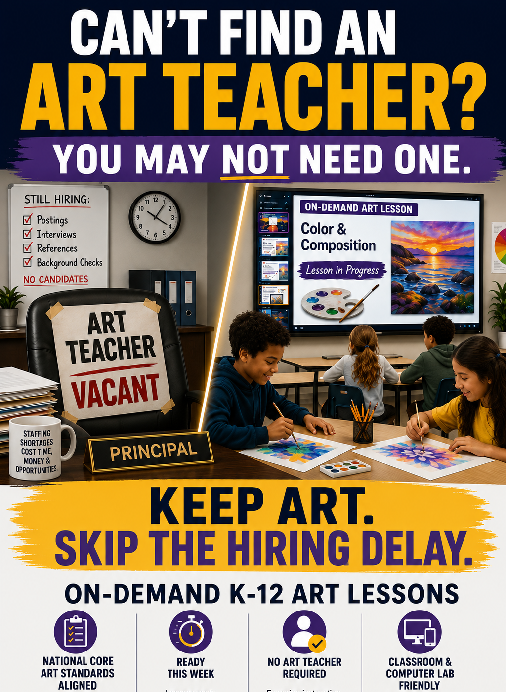 Advertisement for on-demand art lessons with students and classroom elements.